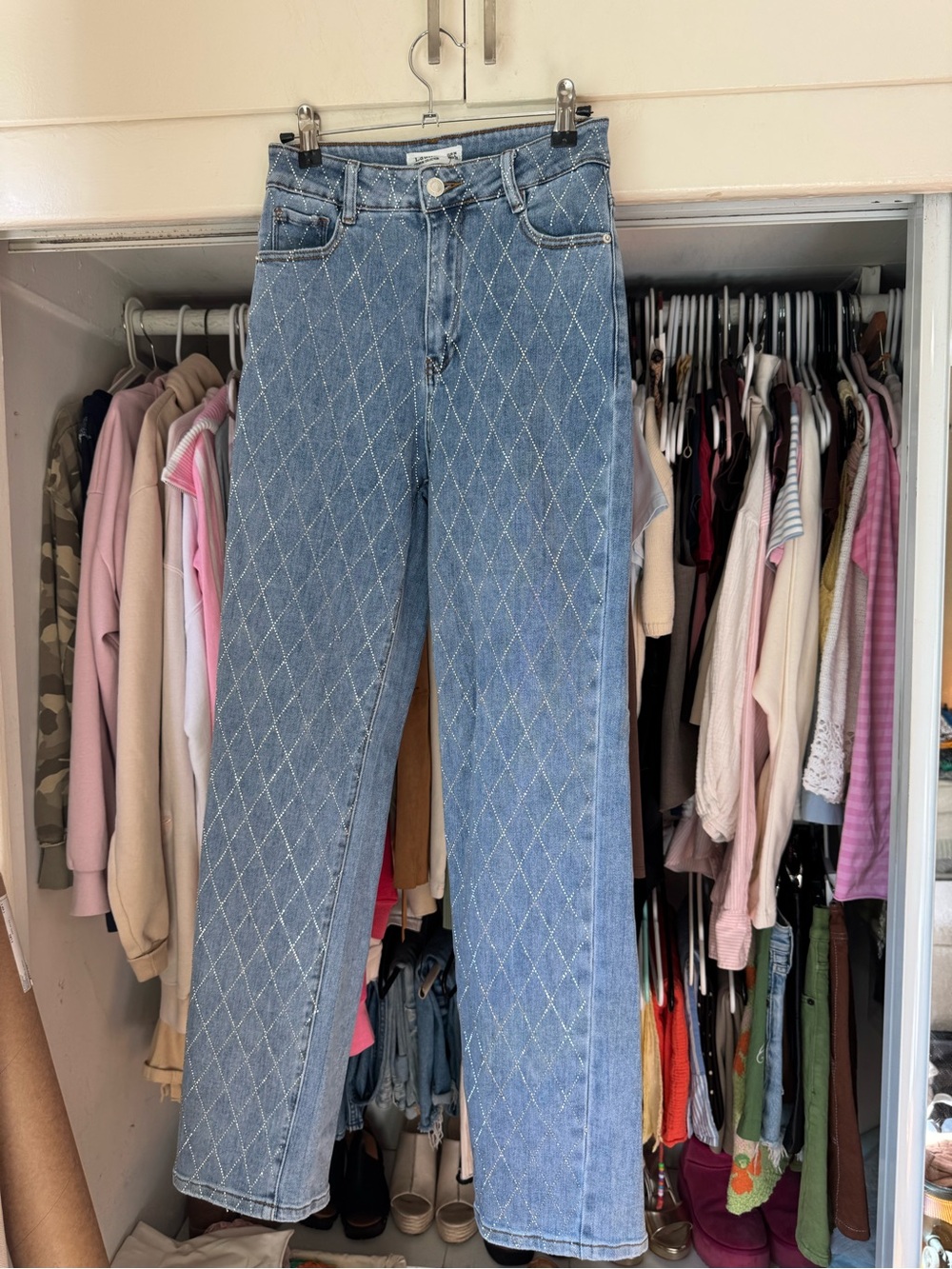 Quilted Light Blue Straight-Leg Jeans - Women's